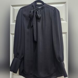 NWT White House Black Market Tie Neck Tunic Top Black Chiffon Blouse Size 6